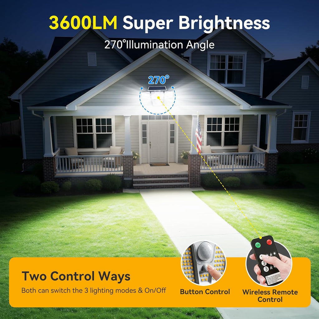 Solar Lights Outdoor White,3600LM Motion Sensor Outdoor Lights | 4 Heads 270° Solar Flood Lights Outdoor, Remote & 3