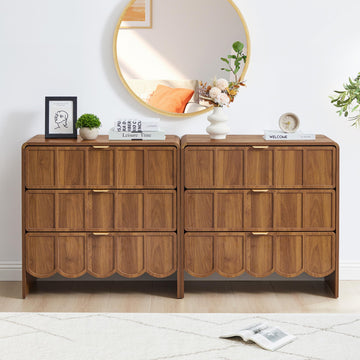 3 Drawer Dresser Set of 2, Modern Closet Chest of Drawers with Wave Fluted Drawer, Wood Storage Small Dresser