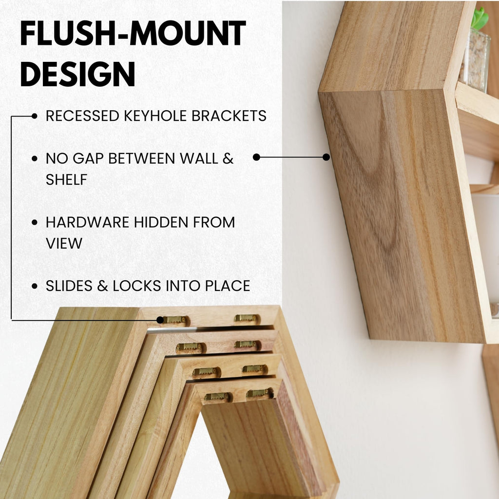 Hexagon Floating Shelves Set of 4 - Solid Wood Wall Mounted Shelves - Honeycomb Geometric Display Shelves - Natural