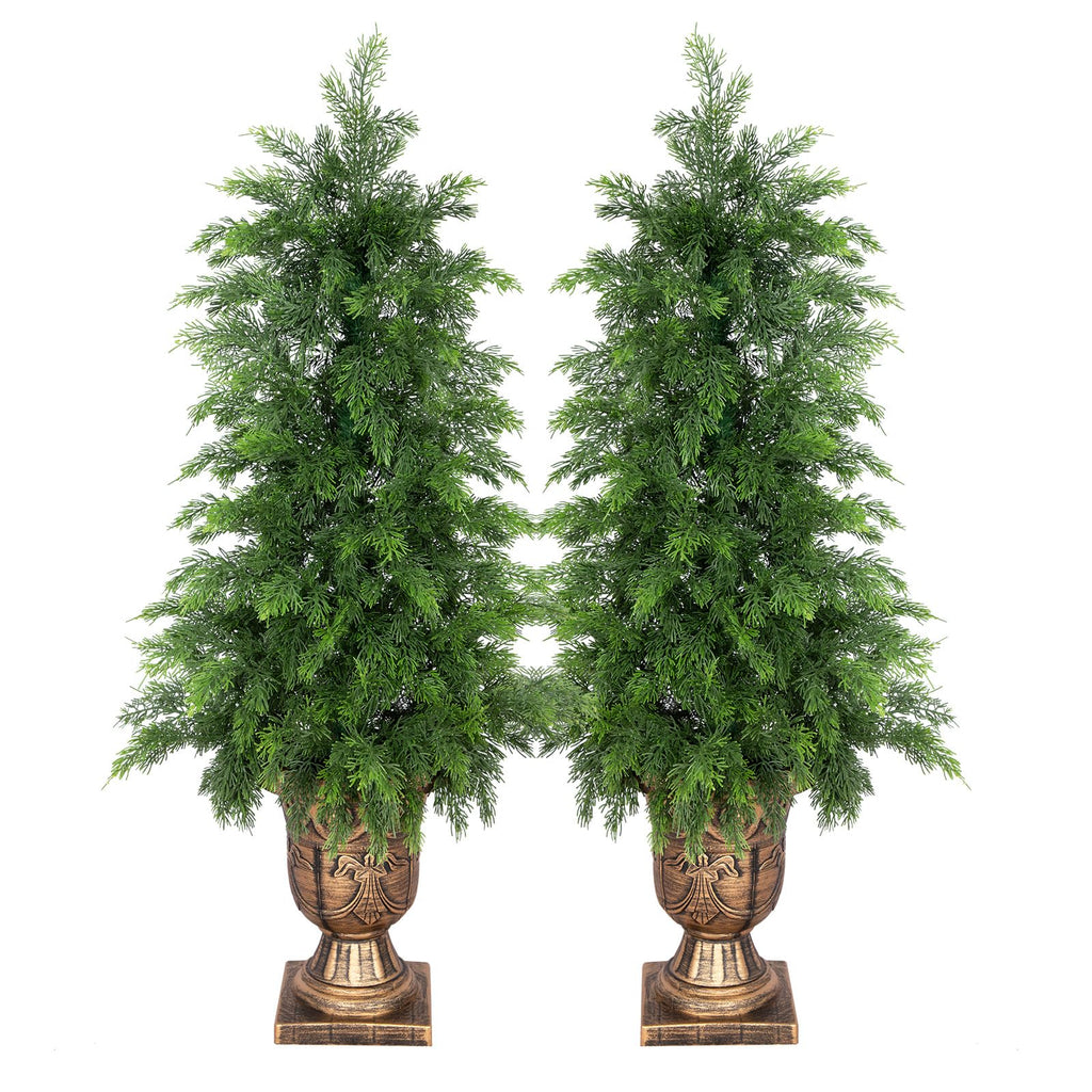 3FT UV Resistant Topiary Trees Artificial with Golden Urn Planter, 2 Set Artificial Cedar Trees for Outdoor, Faux