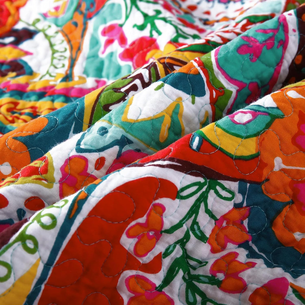 King Quilt Bedding Set, 100% Cotton Boho Bedspread, Vibrant Colorful Gorgeous Paisley Print Coverlet for Living