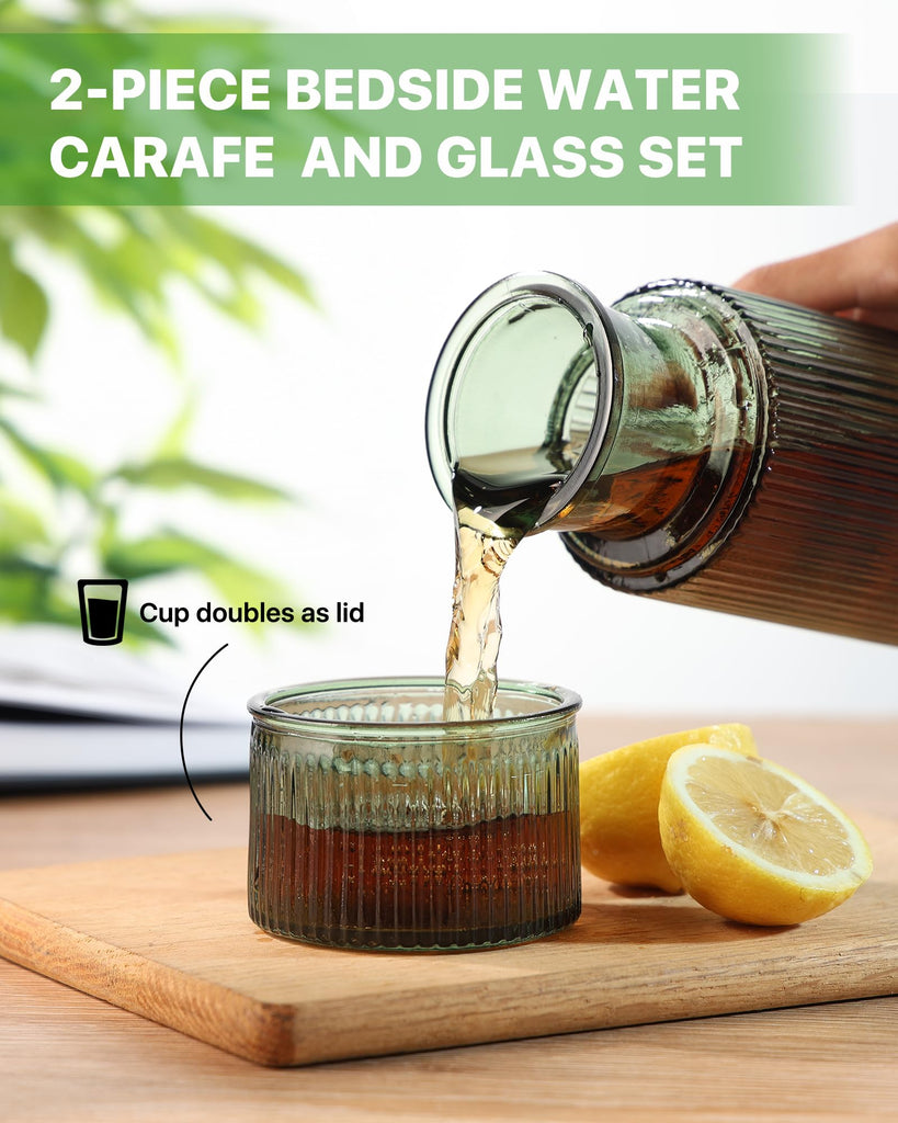 Bedside Water Carafe and Glass Set, 27oz, Vertical Striped
