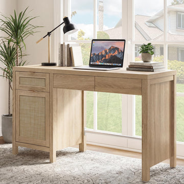55" Rattan Desk with 3 Drawers - Wood Office Computer Desk with Storage Modern Boho Home Office Desks with Side