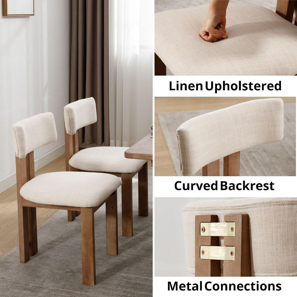 Linen Wooden Dining Chairs Set of 4, Modern Farmhouse Dining Room Kitchen Chairs with Curved Backrest Natural Wood