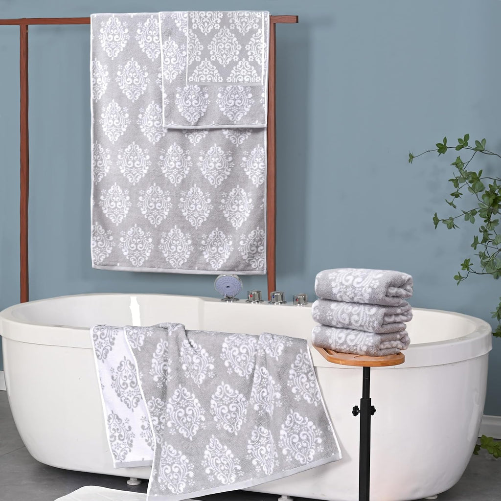 Grey Towel 6pc, 100% Cotton, Damask | Absorbent, Soft, Thick, Quick Dry, Heavy Duty, Fade-Resistant, Shower Towel