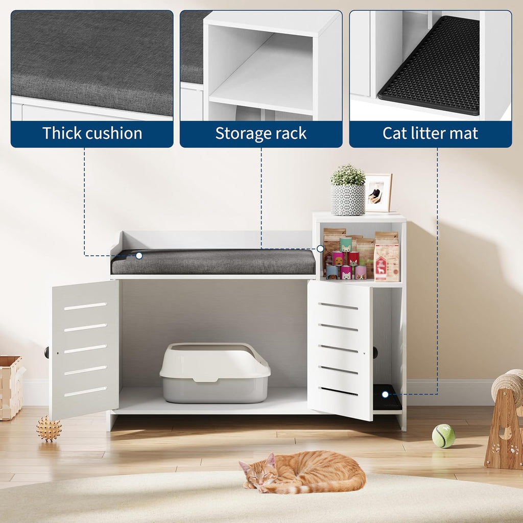 Tall Cat Litter Box Enclosure, 33.8" Wood Hidden Litter Box Cabinet Furniture with Scratch Pad, Large Farmhouse