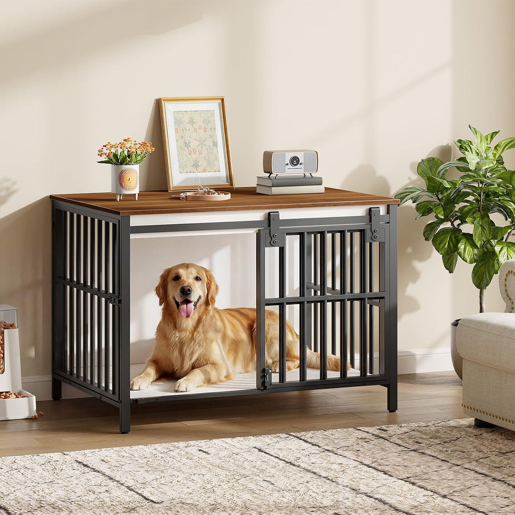 Dog Crate Furniture with Sliding Barn Door, Dog Kennel Indoor for Medium/Large Dogs, Heavy Duty Dog Cage with 2