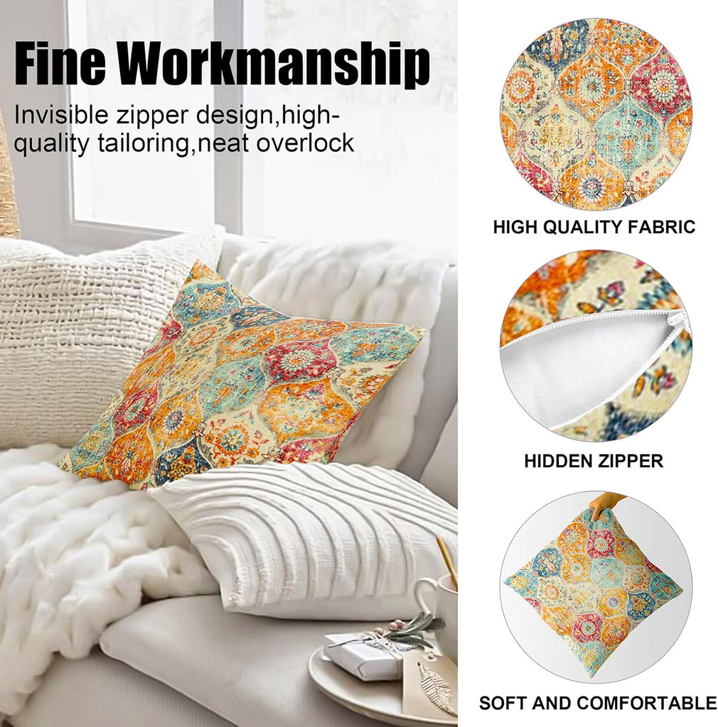 Boho Throw Pillow Covers 18x18 inch Set of 2,Soft Pillowcases Bohemia Carpet Printing Pattern Decorative Sofa Living