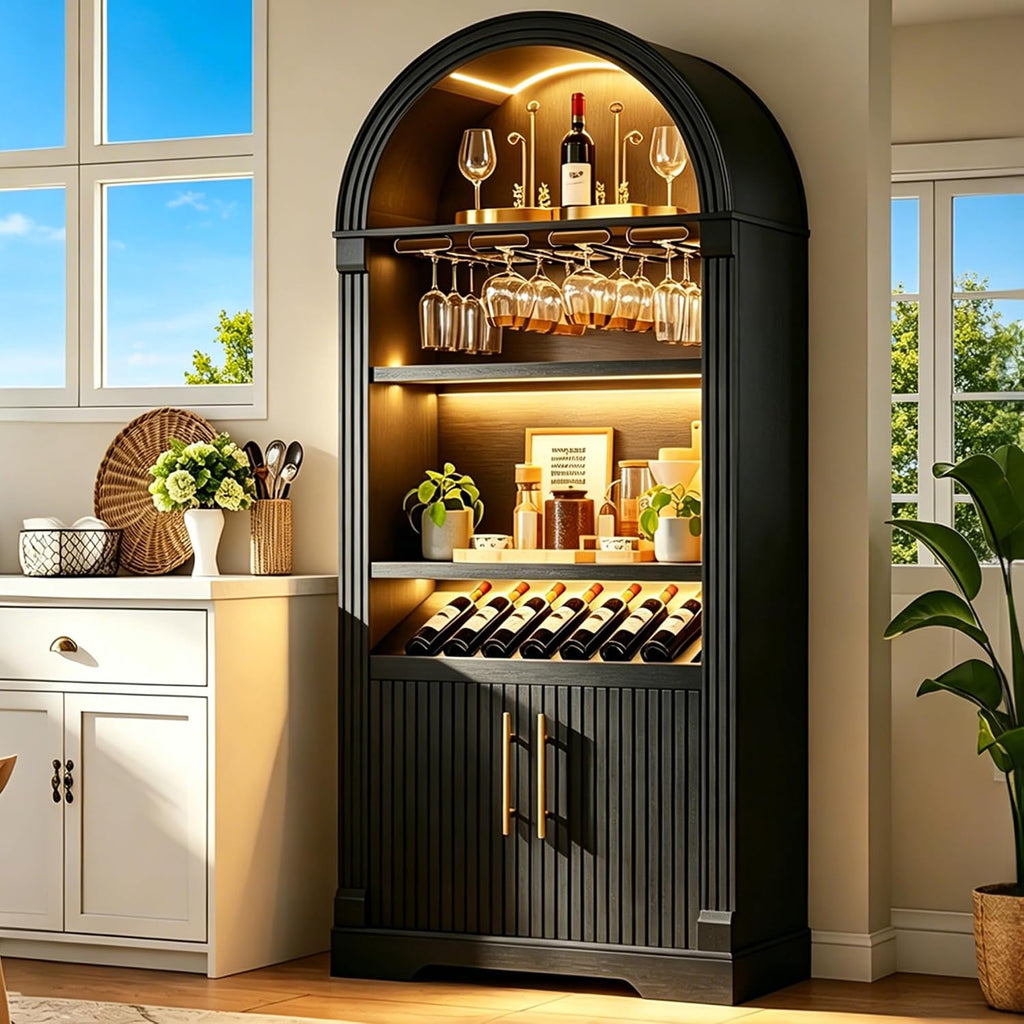 71" Arched Fluted Wine Bar Cabinet with LED Light and Wine Rack (Black) | Coffee Bar Cabinet Liquor Cabinet Motion