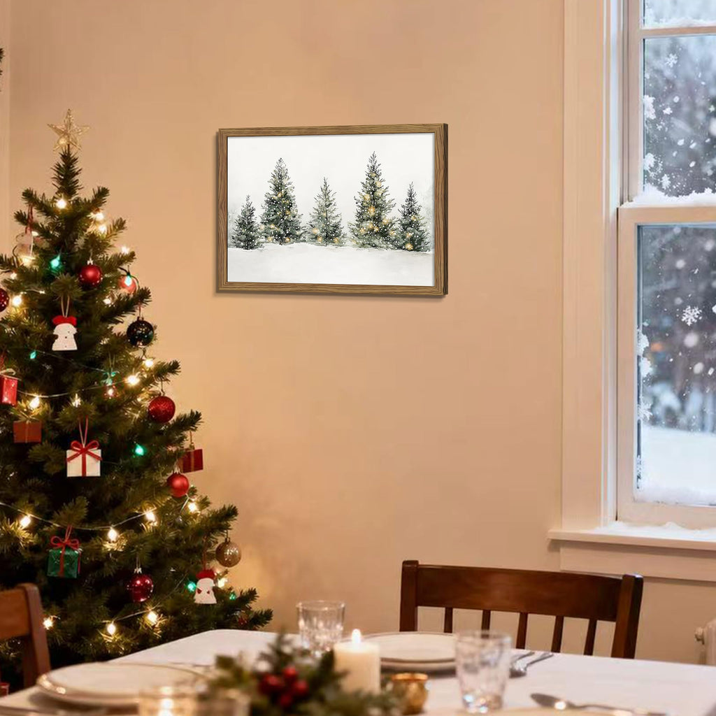 Vintage Christmas Pine Tree Wall Art, Nature Snowy Forest Canvas Wall Decor Painting, Neutral Farmhouse Christmas