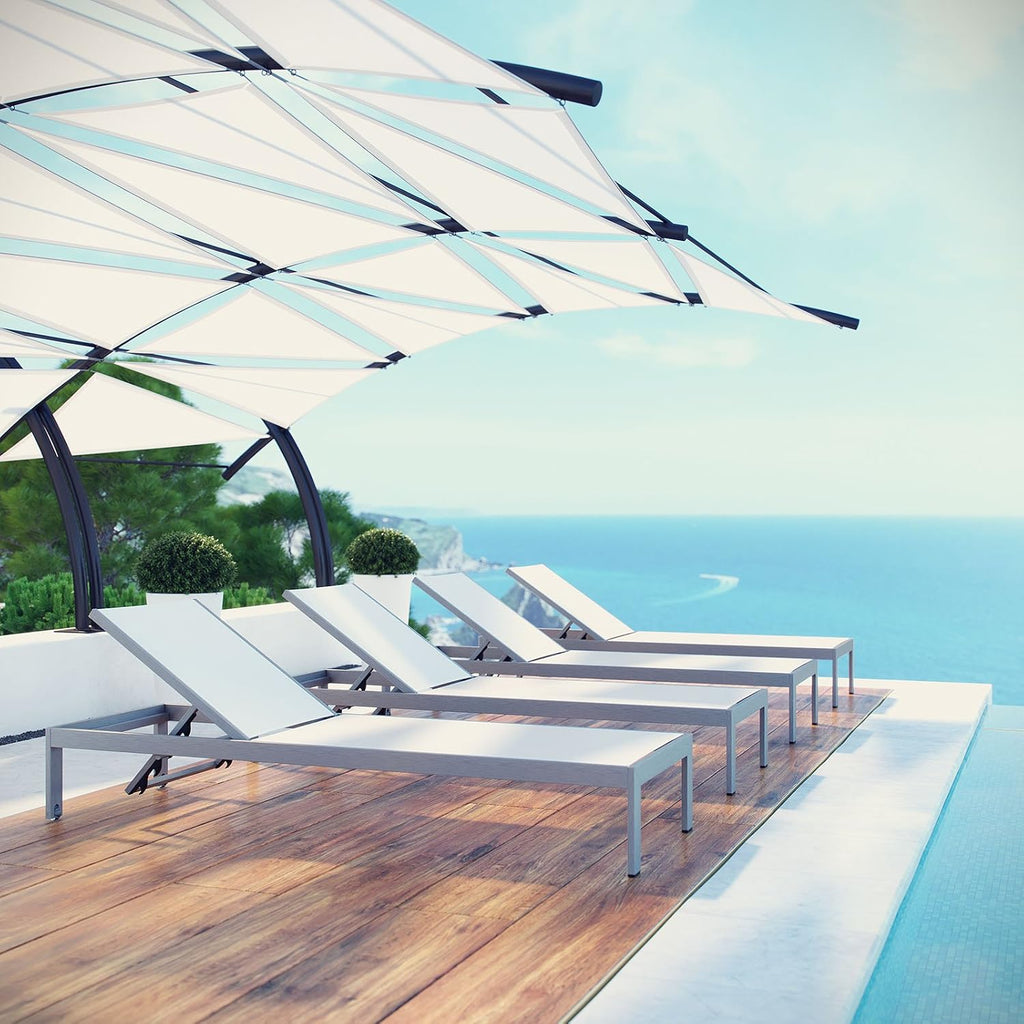 Shore Aluminum Textilene Mesh Outdoor Patio Four Poolside Chaise Lounge Chairs in Silver White