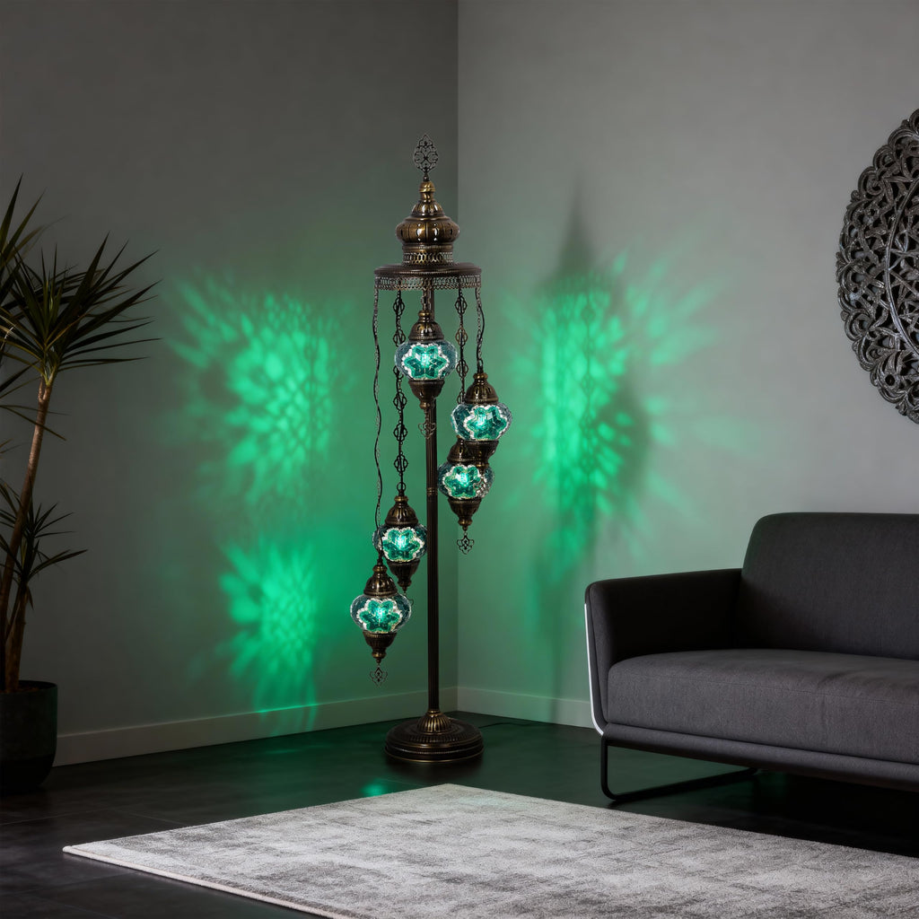 Turkish Mosaic Floor Lamp, 5 Globe Boho Lighting, Green