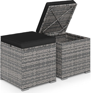 Patio Ottoman Set of 2, Outdoor Wicker Stools with Storage, Rattan Footrest Ottoman with Solid Metal Frame and