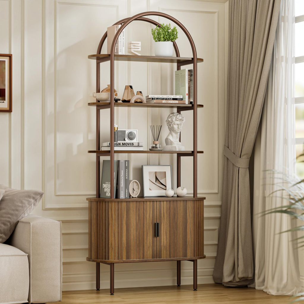 71" Tall Arched Bookshelf with Sliding Doors, 4-Tier Bookcase, Walnut