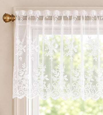 White Lace Sheer Valance for Windows, 52x18, Blossom Border