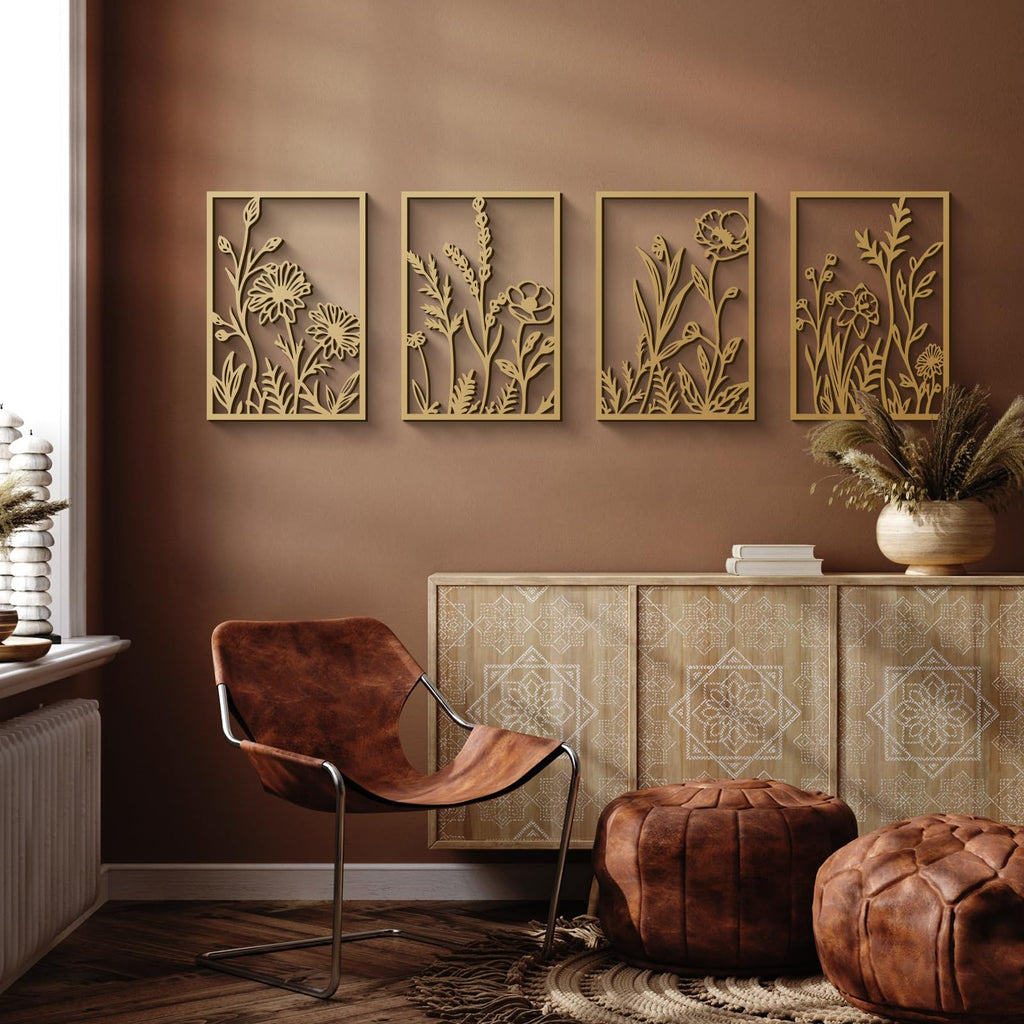 4 Pcs Black Abstract Flowers Metal Wall Art, Minimalist Floral Single Line Wall Décor, 3D Textured Sculptures