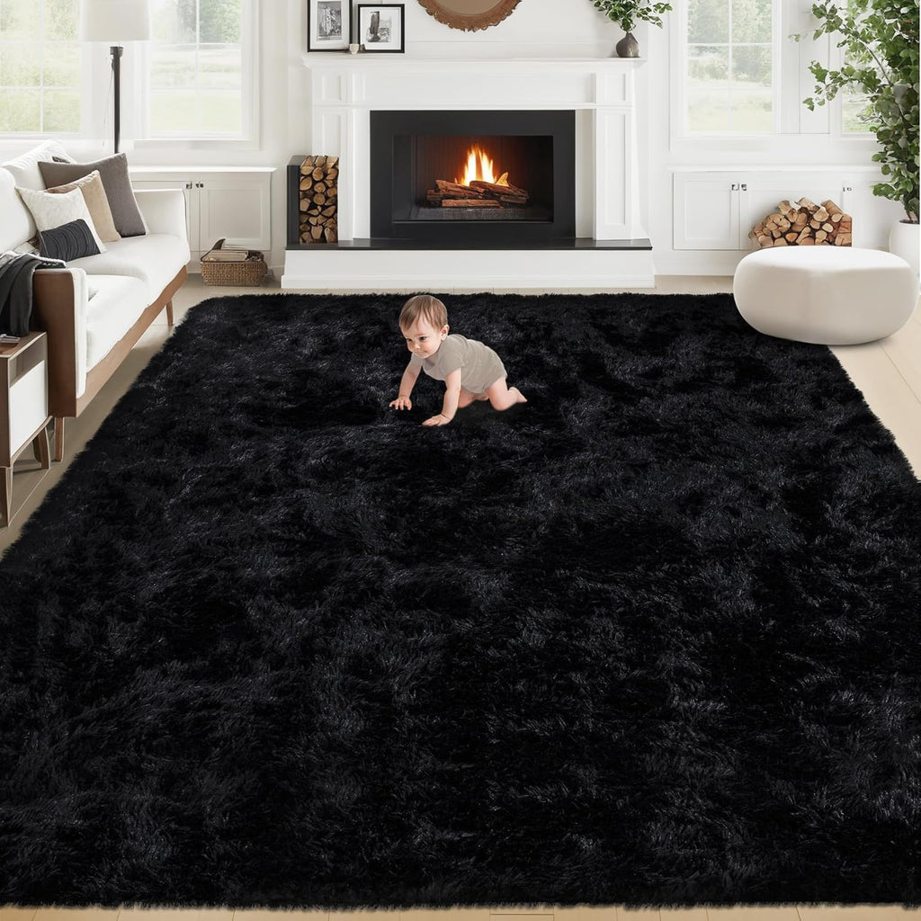 8x10 Fluffy Shag Area Rug, Soft Plush Non-Slip Carpet for Bedroom Nursery Black