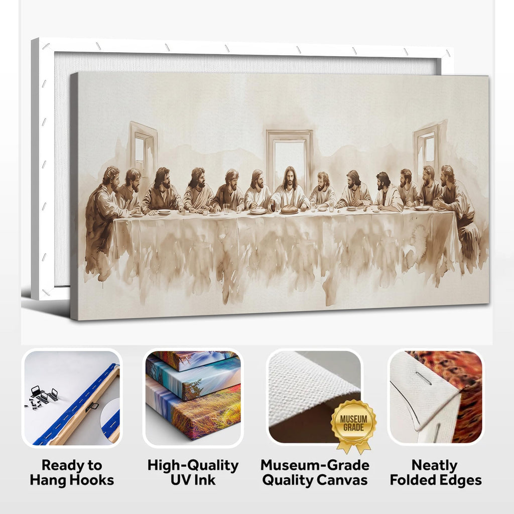 The Last Supper Canvas Wall Art, Sepia Renaissance-Inspired Religious Decor, Gallery Wrapped Christian Artwork