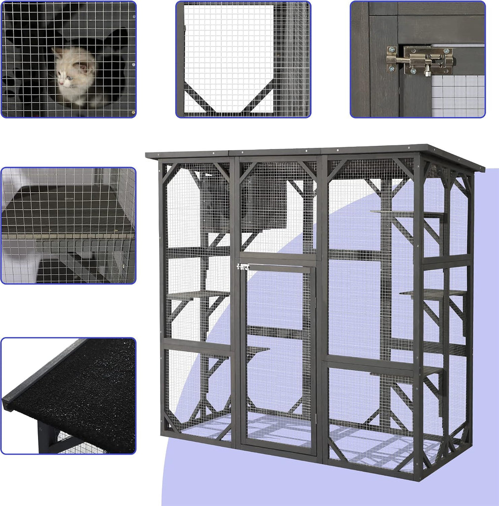 Large Outdoor Cat House Outdoor Wooden Cat Cage Cat Enclosure with Weatherproof Large Run, Jumping Platforms for Play