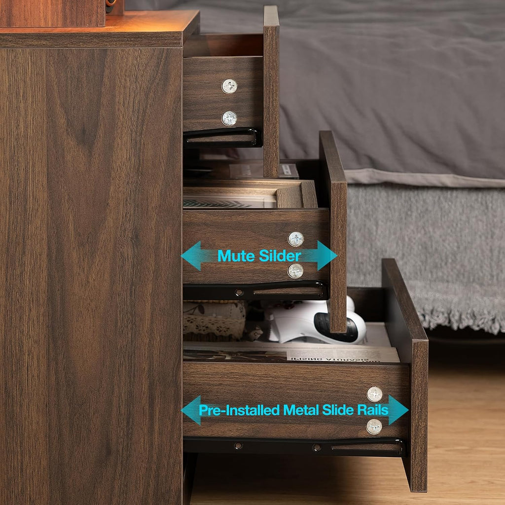 Rustic Brown Nightstand with Wireless Charging Station Walnut Wood LED Bedside Table with 3 Drawers End Table Smart