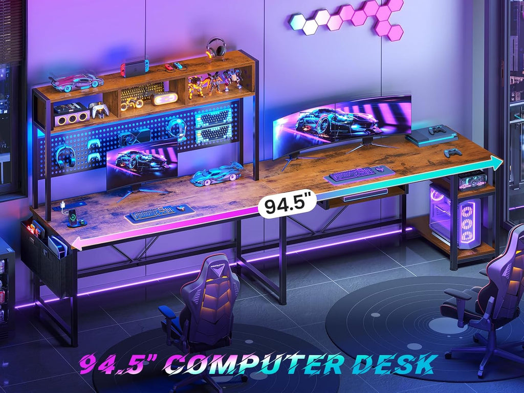 L Shaped Computer Desk, Reversible Corner Desk with Power Outlet | Gaming Desk with Pegboard, Led Lights, Keyboard