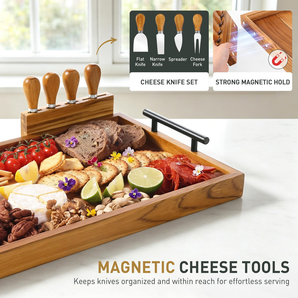 Teak 24 in Large Charcuterie Board with 4-Piece Cheese Knife Set