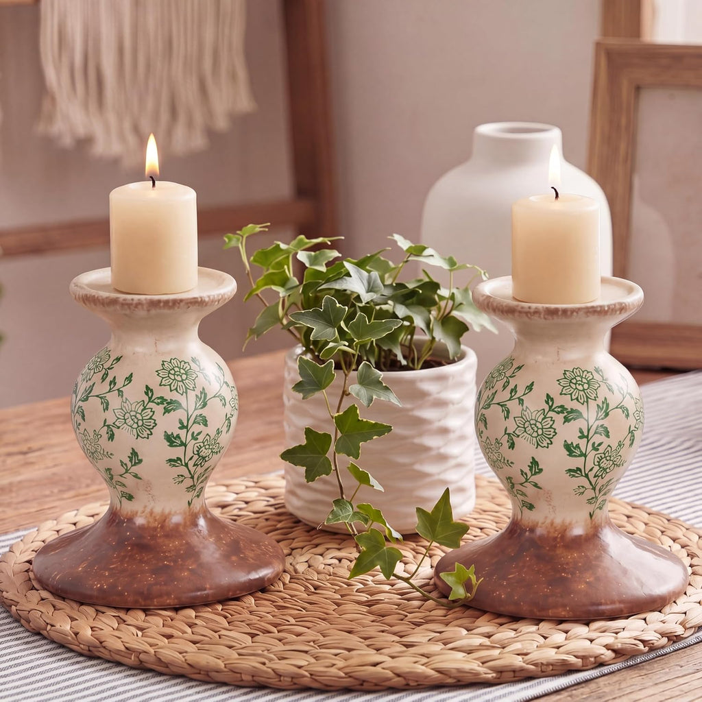 2 Pcs Terracotta Pillar Candle Holders Floral Sculptural Taper Candlestick Rustic Farmhouse Decorative Candleholders
