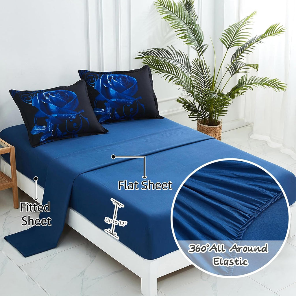 Xruibed Blue Comforter Set Queen 7 Piece Bed in a Bag Blue Rose Comforter with Sheet Set Soft Micorfiber Reversible