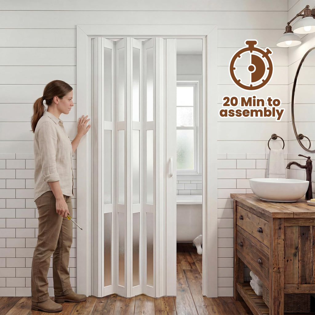 36" x 80" Accordion Doors with Frosted Acrylic Glass, White