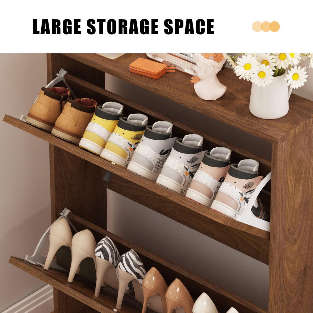 Narrow Sim Shoe Cabinet with 2 Flip Drawer, Sim Wooden Shoe Rack, Walnut