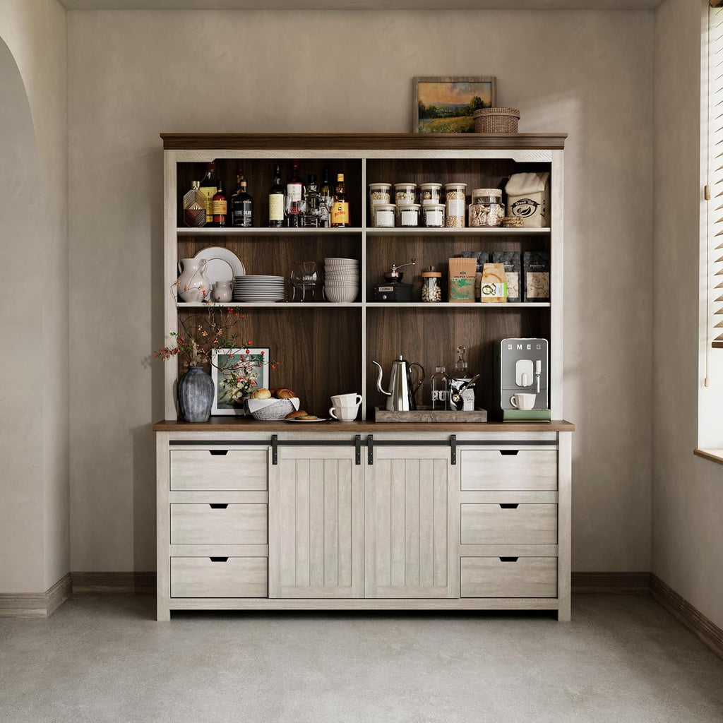 78 * 67" Large Farmhouse Pantry Cabinet with Countertop, Buffet Cabinet,Tall Kitchen Hutch with Partitions and 6