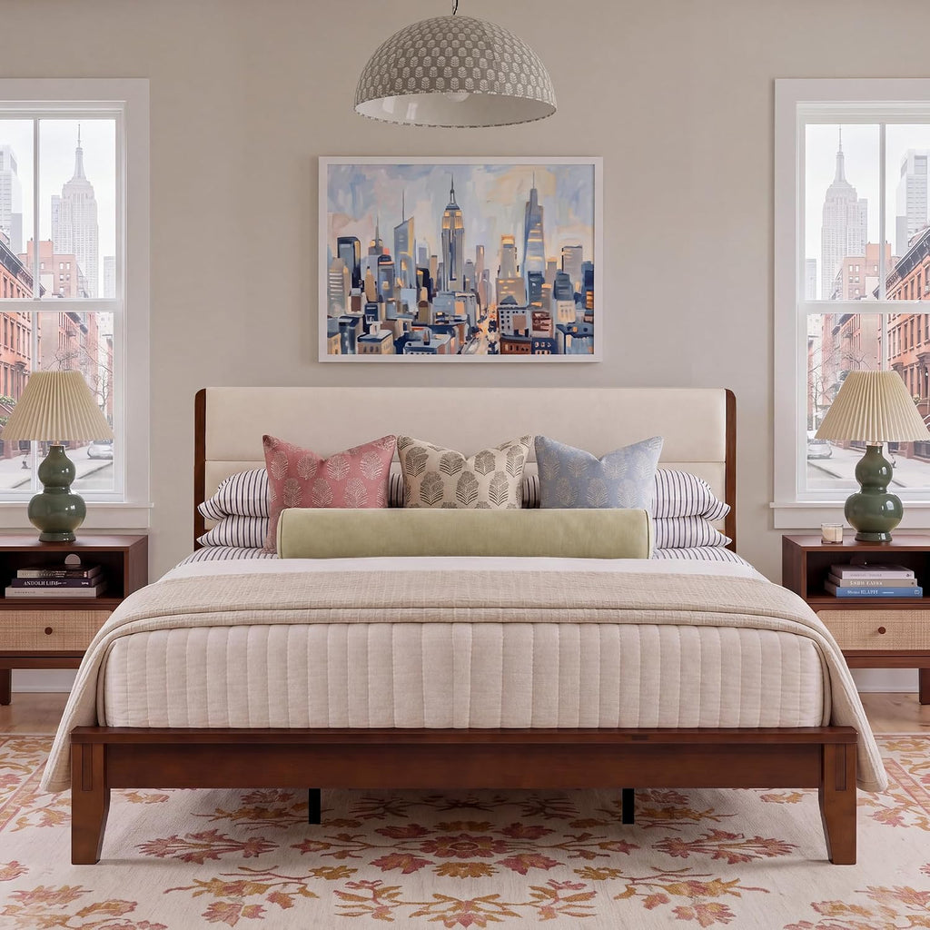 Japanese-Inspired Joinery Bed Frame with Upholstered Headboard