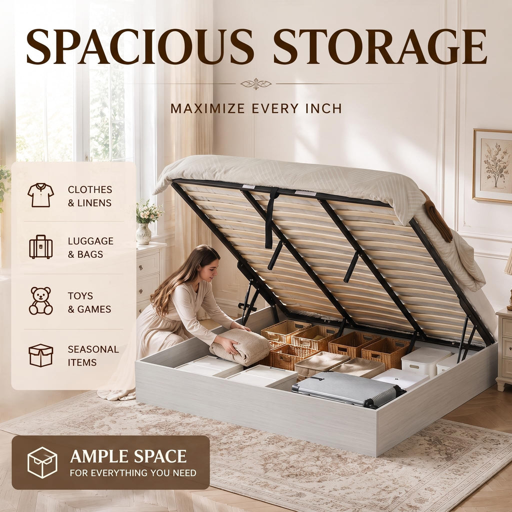 King Size Lift Up Storage Platform Bed Frame, Wood Bed Frame with Metal & Slats Support, Wooden Bed Frame Without