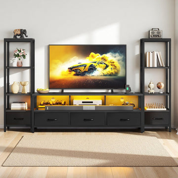 Industrial LED TV Stand for 65 Inch TVs, Bookshelves, Black