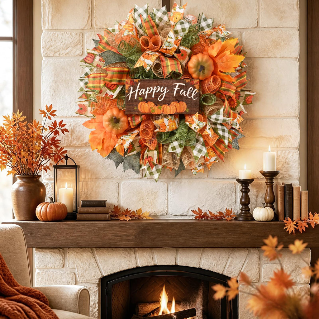 Fall Decor, Fall Wreaths for Front Door, 20" Wreath Mesh Bow with Wood Sign