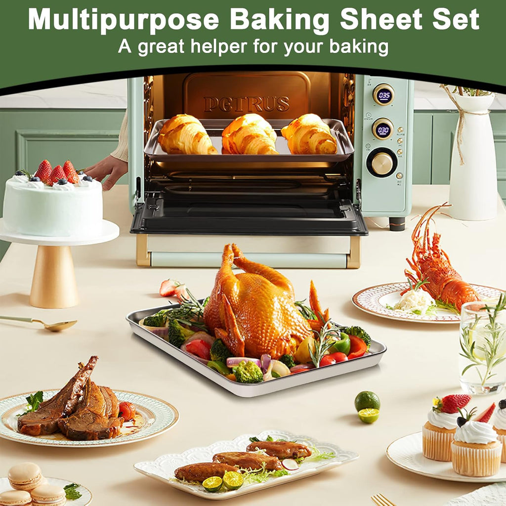 Sheet Tray Set of 10, Stainless Steel Pan Cookie Pan Sheet, Size 16 x 12 x 1 inch, Warp Resistant & Heavy Duty & Rust