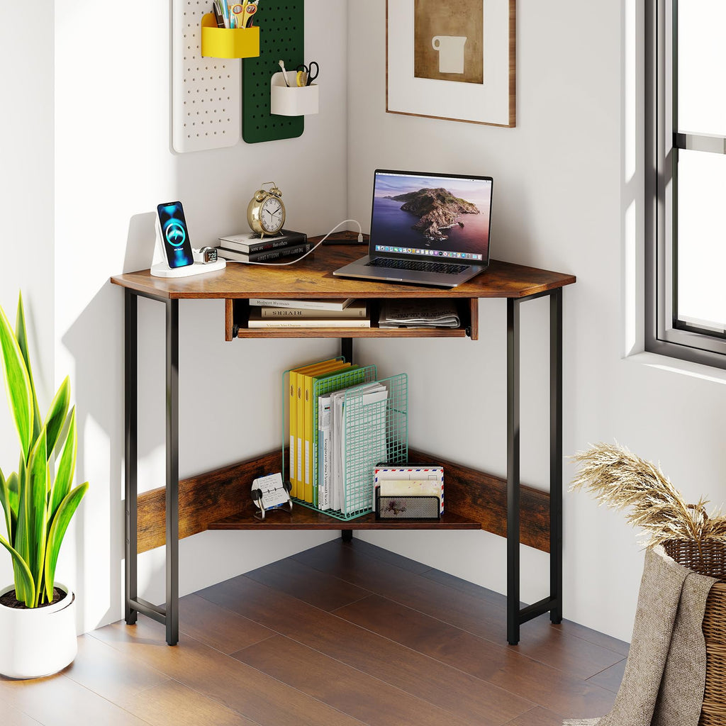 Corner Desk, Triangle Computer Desk with Keyboard Tray & Storage Shelf, Home Office Desk with Built-in Power Outlet