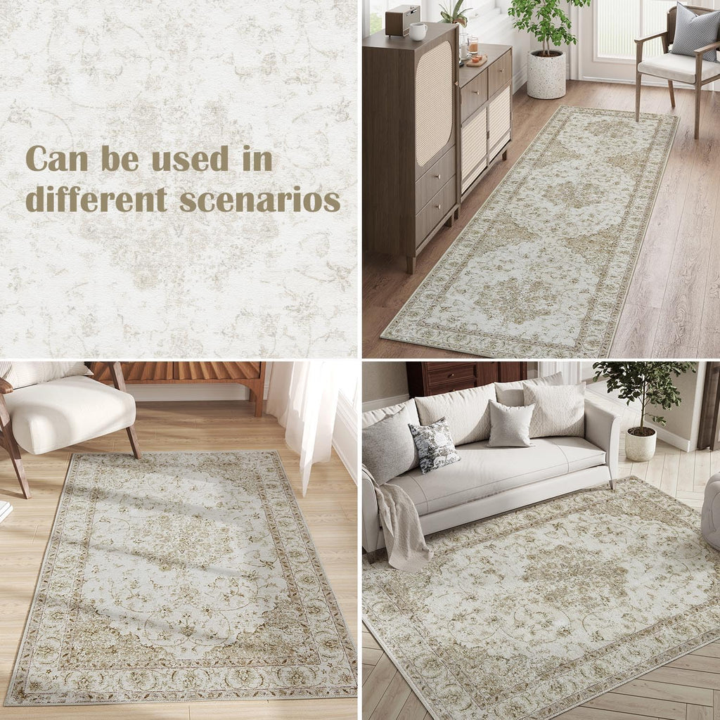 6x9 Area Rugs Machine Washable Rug - Stain Resistant Vintage Floral Medallion Ultra-Thin Low Pile Non-Slip Indoor