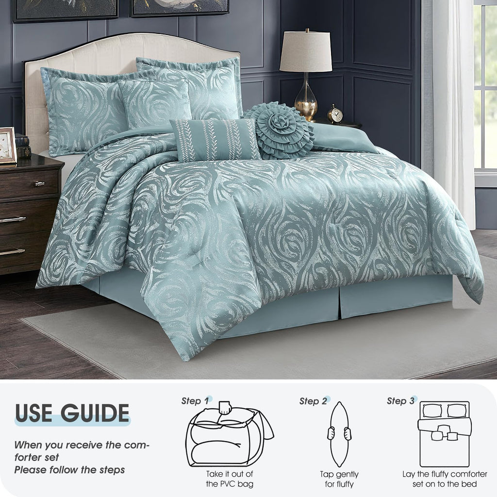 Blue 7 Piece Comforter Set, Elegant Floral Jacquard, Ultra Soft Bed Set for All Seasons, Bed in a Bag, Include