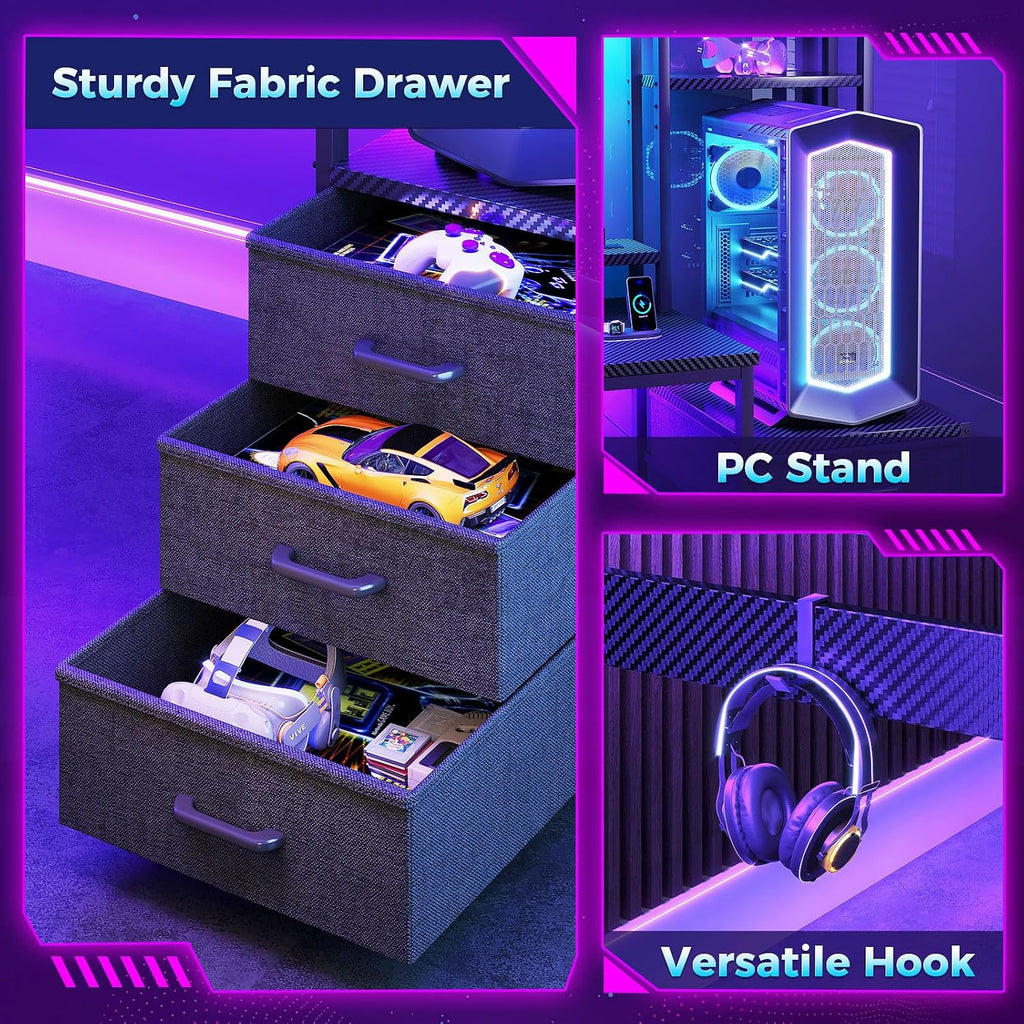 55 Inch Gaming Desk with Hutch & LED Lights & PC Tower Stand | Reversible PC Desk with 3 Fabric Drawers & Power