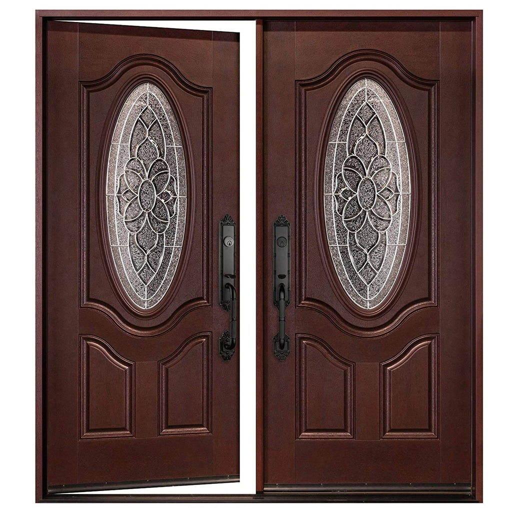 Fiberglass Double-Open Doors, Dark Mahogany Finish, Quick Install, Heavy Duty Entry (Left-Hand, 36"X36"X80")