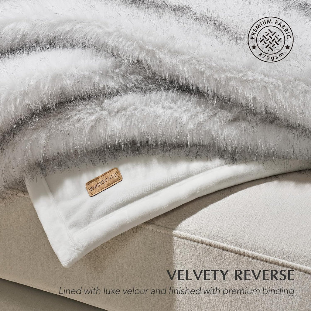 Luxury Faux Fur Throw Blanket, 50"x60", Frosted White Wolf | Fluffy Faux Mink Blanket, Soft Cozy Plush, Thick Warm