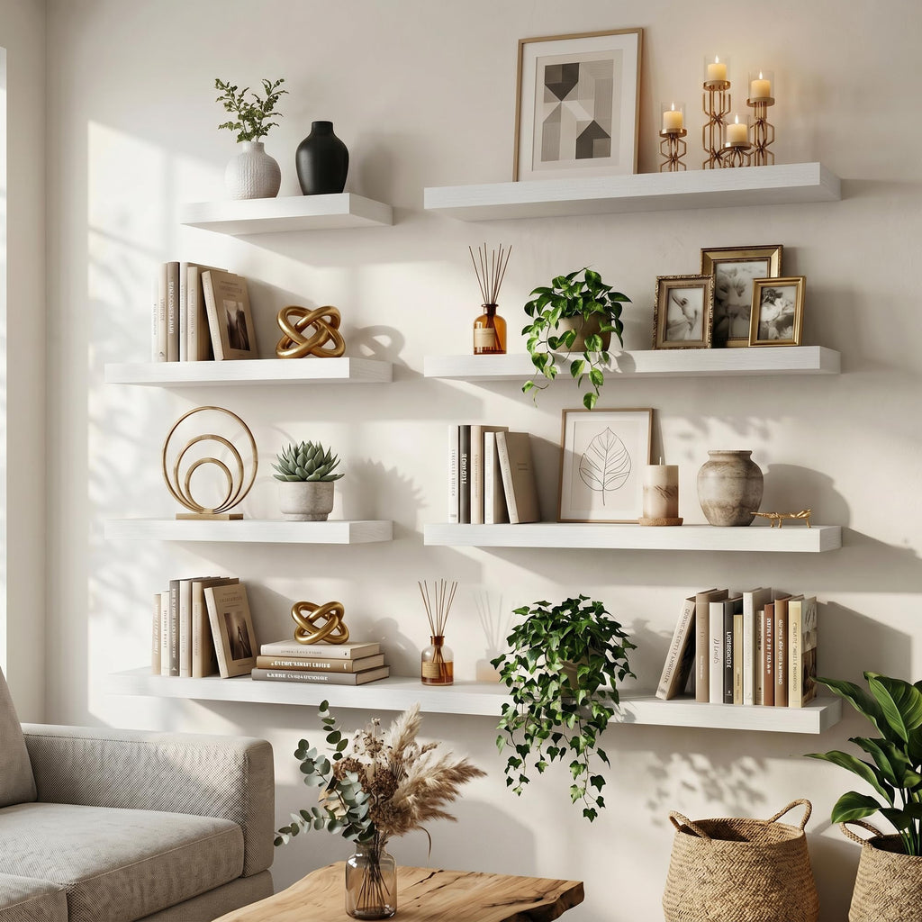 72 Inch Floating Shelves for Wall, 8"D Wood Storage Shelves, White Finish
