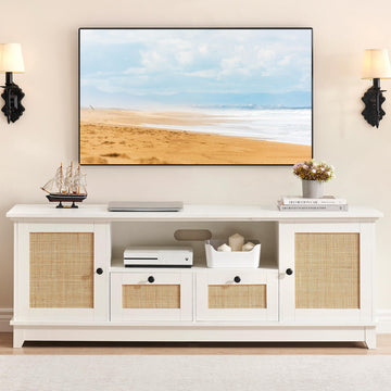 Rattan TV Stand for 65 Inch TVs, White Desktop