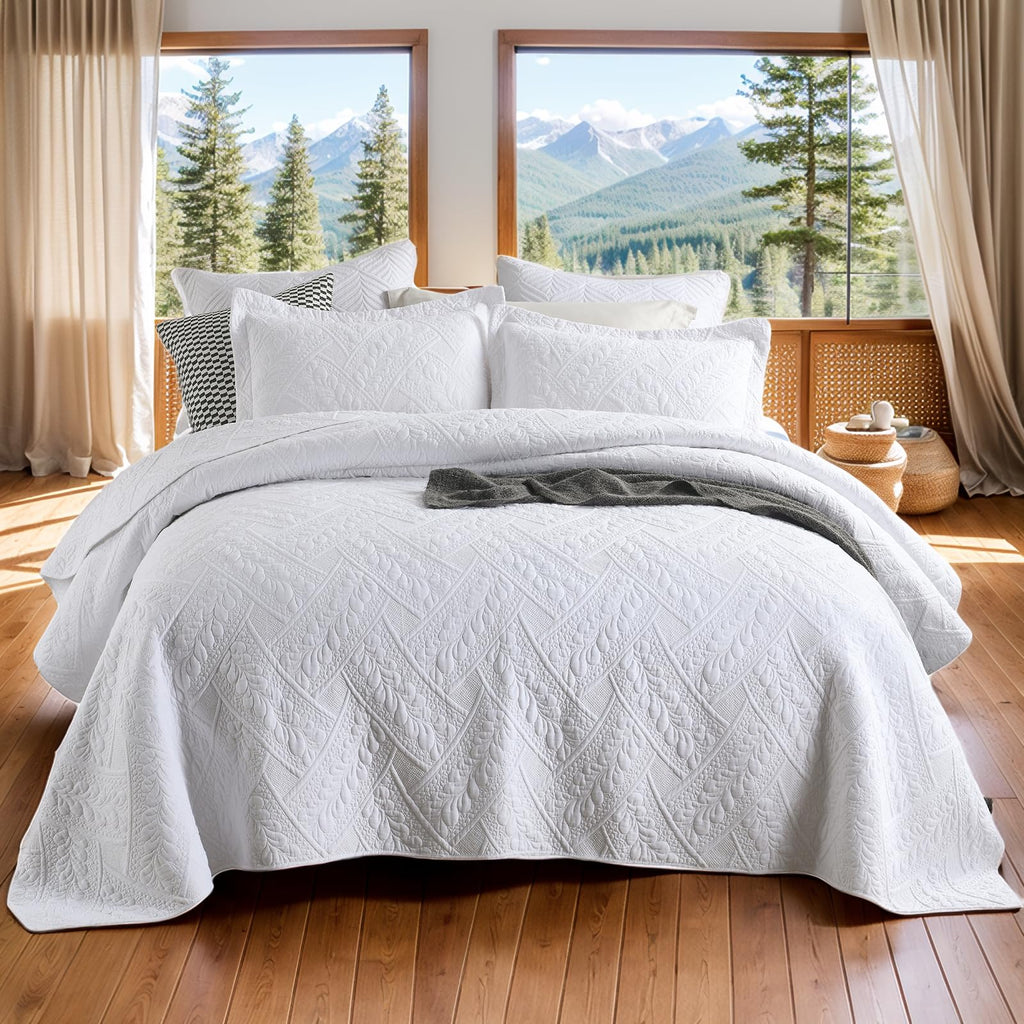 White Quilt Set Cotton Matelasse Coverlet Set Luxury Quilted Comforter Set Lightweight Fall Bedspreads