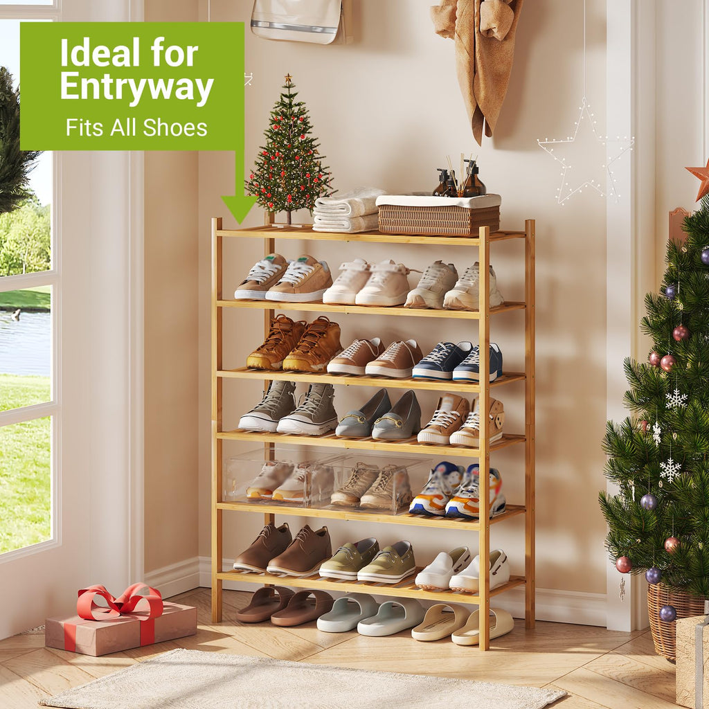 6-Tier Bamboo Shoe Rack Premium Stackable Shoe Shelf Storage Organizer Closet Living Room Entryway Organizer (Natural