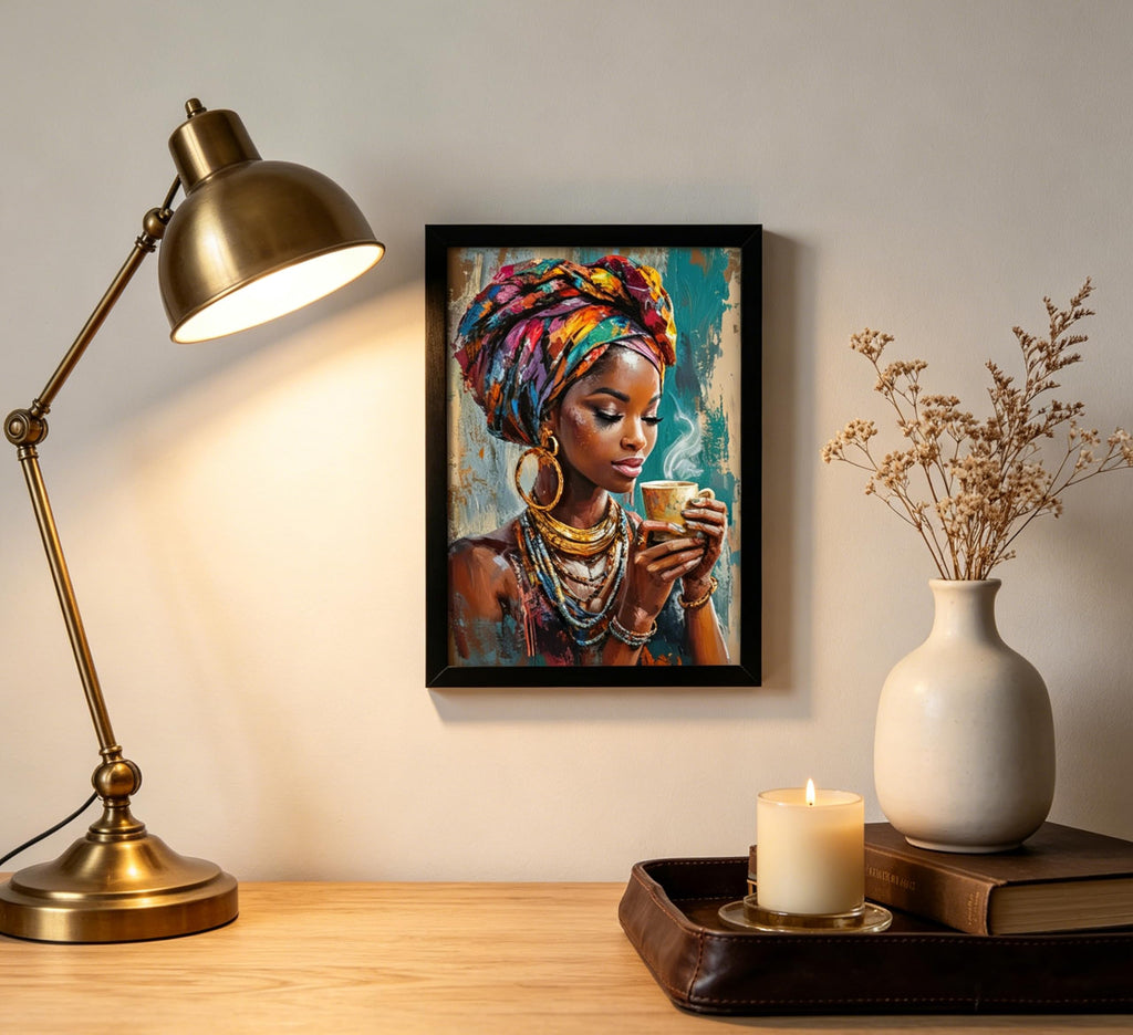 Framed Black Woman Canvas Wall Art, African American Wall Decor, Fashion Modern Abstract Painting Picture, Coffee