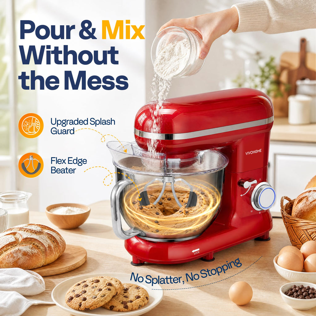 Stand Mixer, 6-Quart Tilt-Head Kitchen Mixer with Bowl, Red