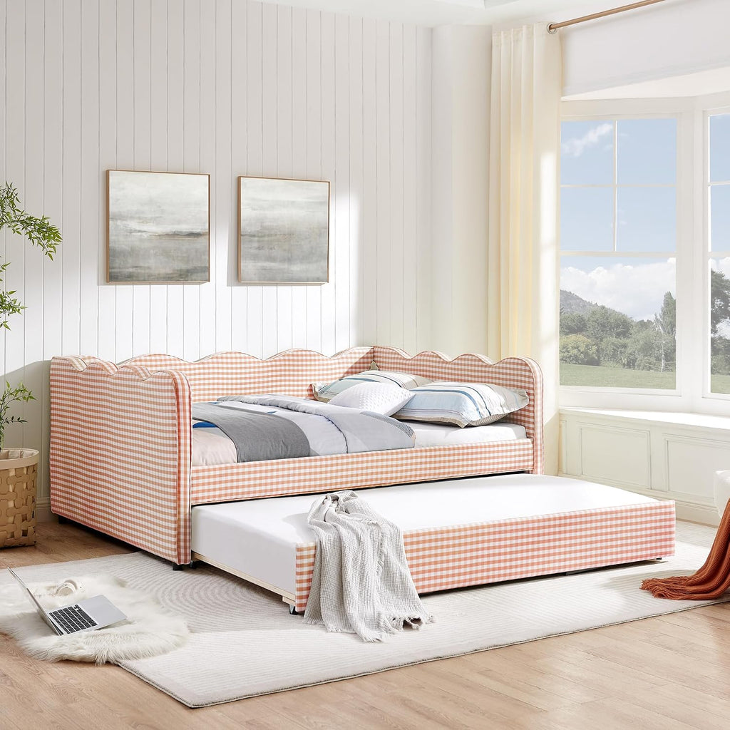 Full Size Upholstery Gingham Daybed with Trundle and USB, Pink | Full to King Design Adorable Wave Shaped Extendable