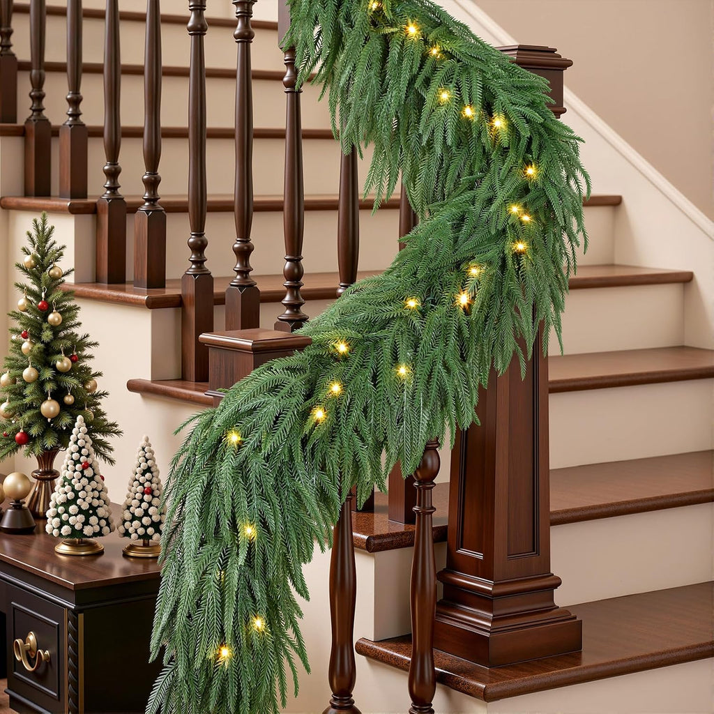9FT Artificial Christmas Garland with Lights, Norfolk Pine Garland
